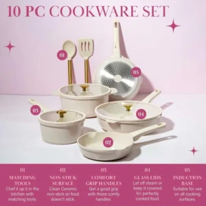 Paris Hilton Luxury Ceramic Nonstick Cookware Set – Cast Aluminum Pots & Pans with Gold Heart Knobs and Stay-Cool Handles