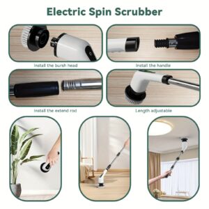 Electric Rotating Cleaning Brush with Adjustable Extension Handle & 7 Replaceable Heads - Cordless, 2-Speed Shower & Floor Scrubber