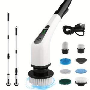 Electric Rotating Cleaning Brush with Adjustable Extension Handle & 7 Replaceable Heads - Cordless, 2-Speed Shower & Floor Scrubber