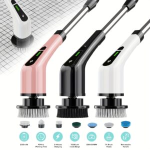 Electric Rotating Cleaning Brush with Adjustable Extension Handle & 7 Replaceable Heads - Cordless, 2-Speed Shower & Floor Scrubber