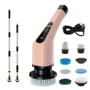 Electric Rotating Cleaning Brush with Adjustable Extension Handle & 7 Replaceable Heads - Cordless, 2-Speed Shower & Floor Scrubber